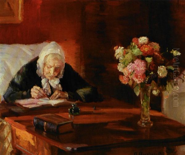 Kunstnerinden Anna Anchers Mor Ane Hedvig Brondum Siddende Ved Sit Skrivebord I Den Rode Stue Oil Painting by Anna Kirstine Ancher