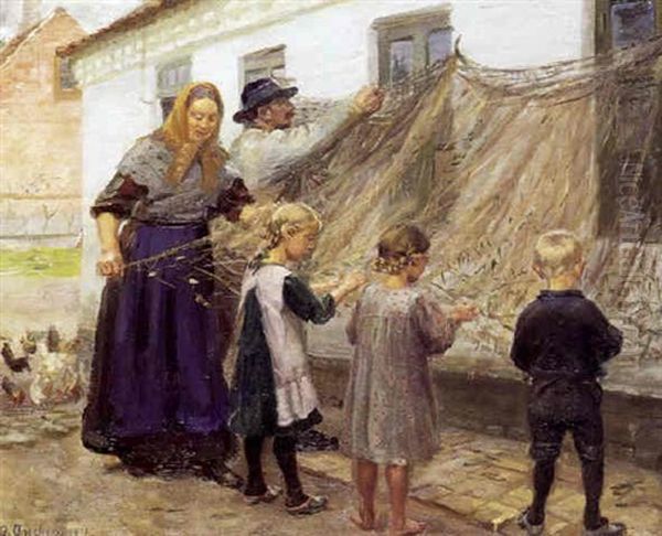 Fiskegarnene Redes - Fiskerfamilie I Faerd Med At Ordne Garn Foran Huset Oil Painting by Anna Kirstine Ancher