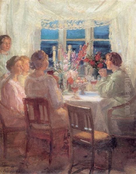 Helgas Fodselsdag. Helga Ancher Staende, Lizzi Hohlenberg, Lisbeth Brodersen, Ebba Brodersen, Bodil Johansen Oil Painting by Anna Kirstine Ancher