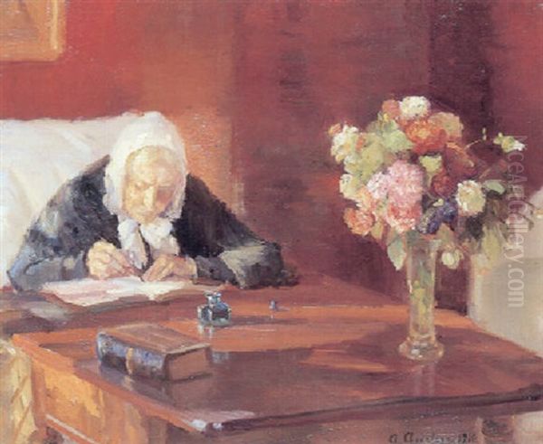 Kunsternerinden Anna Anchers Mor Ane Hedvig Brondum Siddende Ved Sit Skrivebord I Den Rode Stue Oil Painting by Anna Kirstine Ancher