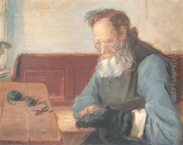 An Old Man Mends His Stocking Oil Painting by Anna Kirstine Ancher