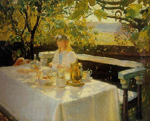 Breakfast In The Garden Oil Painting by Anna Kirstine Ancher