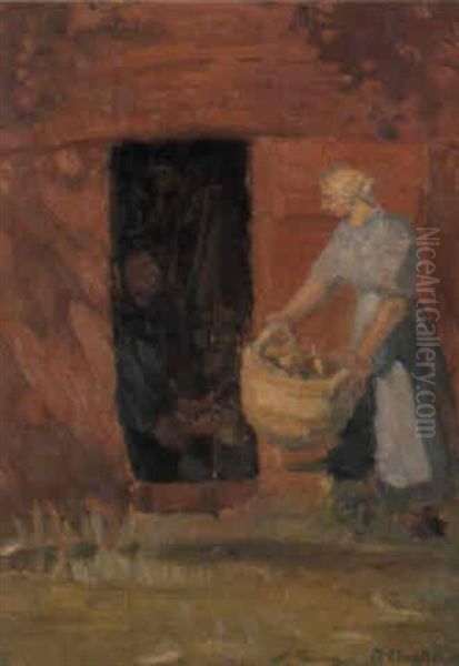 Ung Pige Med Vasket+jskurv Foran Et Hus Oil Painting by Anna Kirstine Ancher