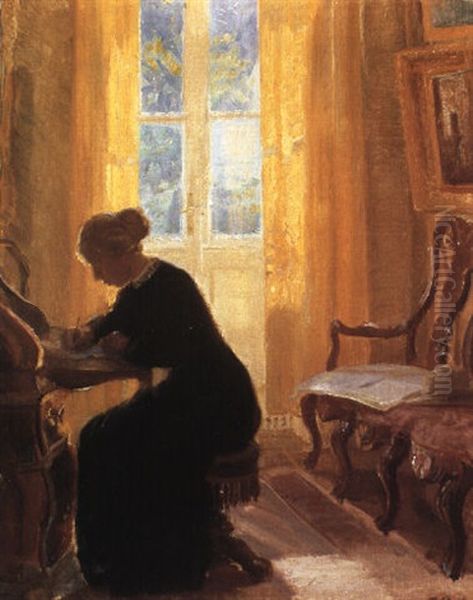 A Woman Sitting At Her Writing Desk Oil Painting by Anna Kirstine Ancher