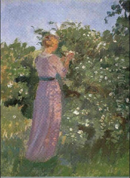 Solskinsdag Med Kvinde Staende I Lilla Kjole Ved            Blomstrende Busk Oil Painting by Anna Kirstine Ancher