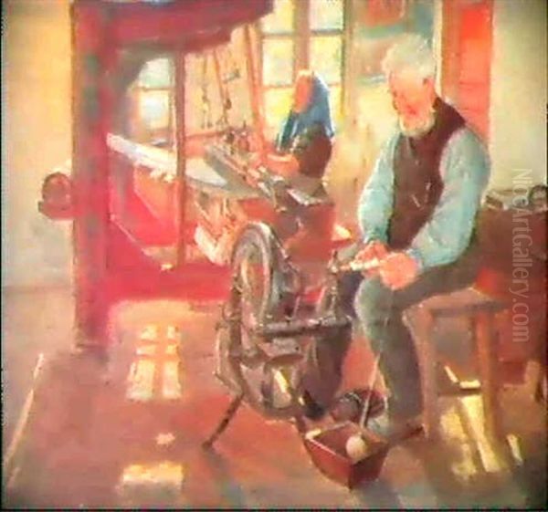 Ane Og Chresten Stott Spinder Uld, Sceneri Fra En Vaevestue Oil Painting by Anna Kirstine Ancher