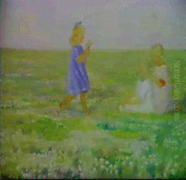 Born Der Plukker Blomster Oil Painting by Anna Kirstine Ancher