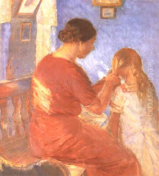 A Mother Plaiting Her Daughter's Hair Oil Painting by Anna Kirstine Ancher