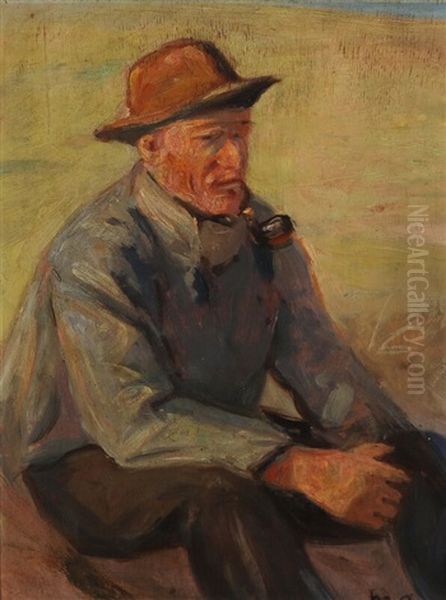 A Fisherman Smoking His Pipe Oil Painting by Michael Peter Ancher