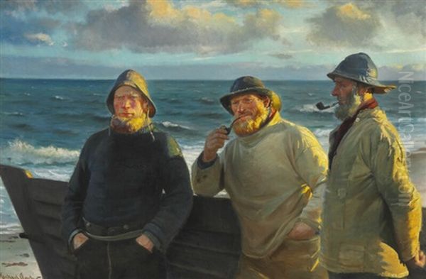 Fishermen From Skagen Standing On The Beach In The Evening Sun Oil Painting by Michael Peter Ancher