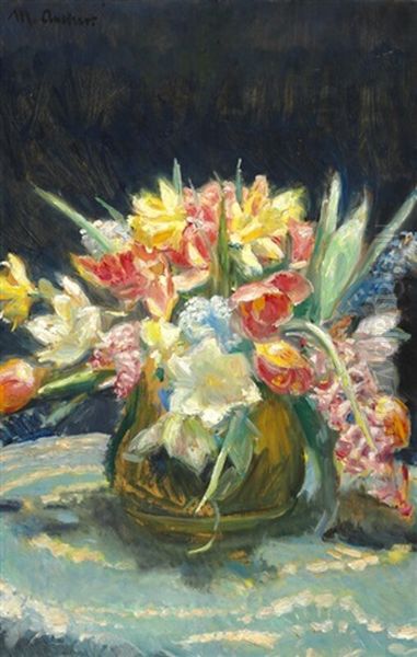 Spring Bouquet With Tulips, Hyacinths And Daffodils Oil Painting by Michael Peter Ancher