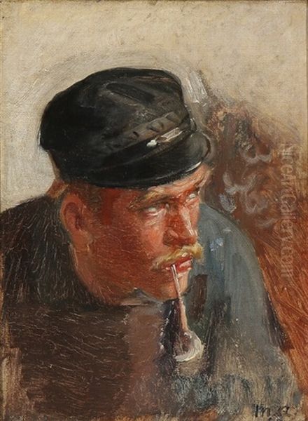 A Young Pipesmoking Fisherman Oil Painting by Michael Peter Ancher