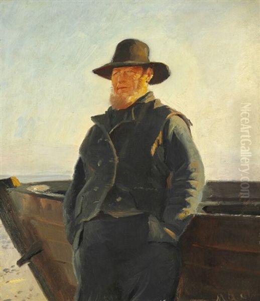 Fisherman Ole Svendsen From Skagen Standing In The Sun And Leaning Up Against A Boat Oil Painting by Michael Peter Ancher