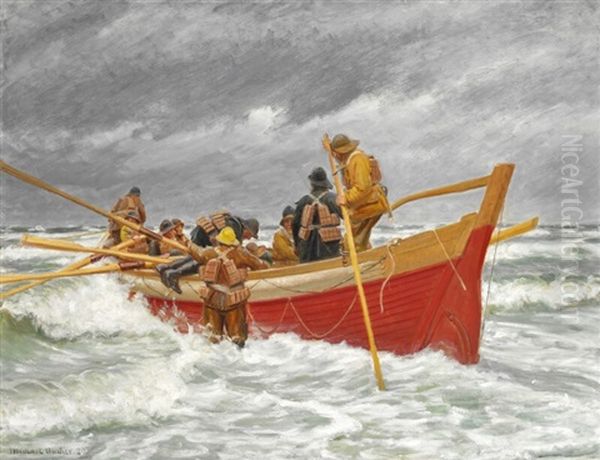 The Red Lifeboat Is Leaving Oil Painting by Michael Peter Ancher