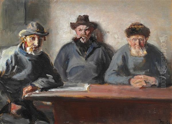 Interior With Three Fishermen From Skagen Oil Painting by Michael Peter Ancher