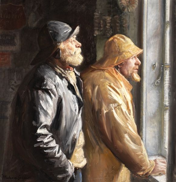 Two Fishermen From Skagen At The Window In The Shop Oil Painting by Michael Peter Ancher