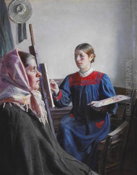 Interior With Anna Ancher, Painting A Girl From Skagen With A Pink Headscarf Oil Painting by Michael Peter Ancher