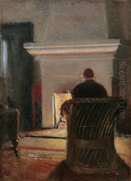 Interior With Holger Drachmann At The Fireplace In Villa Pax Oil Painting by Michael Peter Ancher