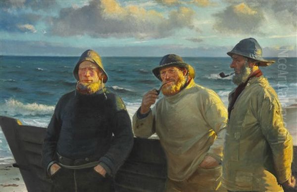 Fishermen From Skagen Standing On The Beach In The Evening Sun by Michael Peter Ancher