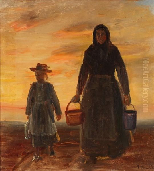 Mother And Daughter Walking Home After A Hard Day's Work Oil Painting by Michael Peter Ancher