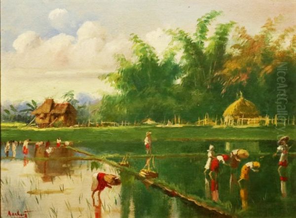 Planting Rice Oil Painting by Isidro Ancheta