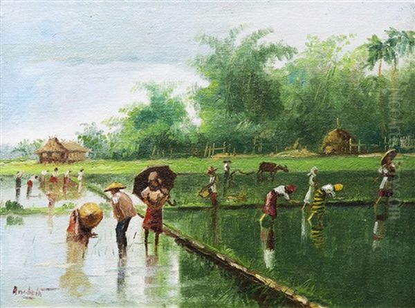 Planting Rice Oil Painting by Isidro Ancheta