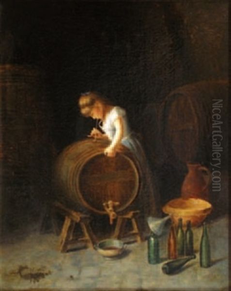 Jeune Fille Testant Un Tonneau De Vin Oil Painting by Torello Ancillotti