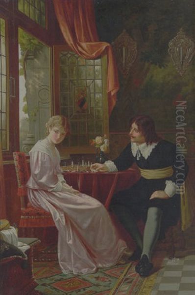 Interior Med Ung Pige Og Mand I Renaessancedragter, Der Spiller Skak Oil Painting by Ernst Anders