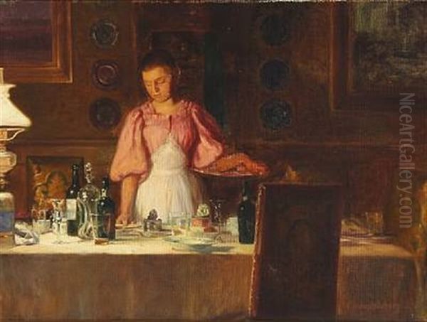 The Maid Clears The Table Oil Painting by Cilius (Johannes Konrad) Andersen