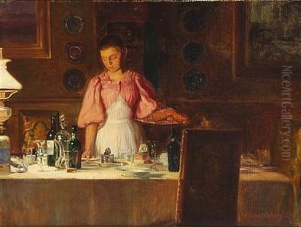 The Maid Clears The Table Oil Painting by Cilius (Johannes Konrad) Andersen