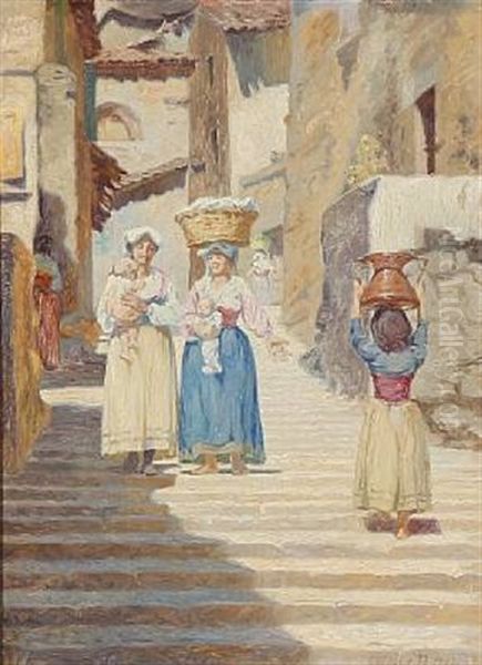 Street Scene In Subiaco With Women And Their Children Oil Painting by Cilius (Johannes Konrad) Andersen