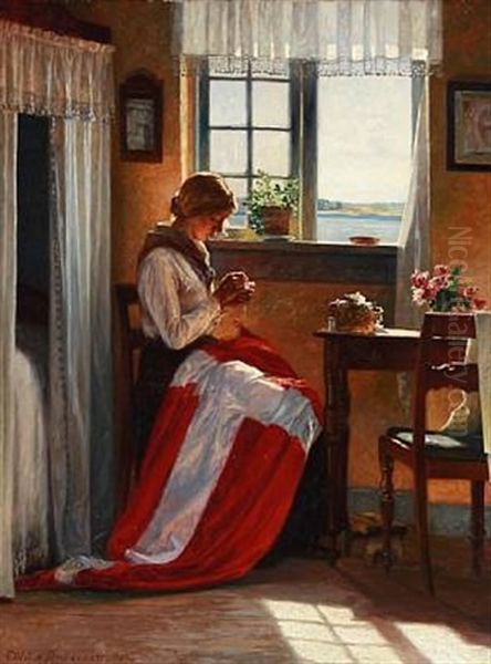 I Danmark (a Woman Sews The Danish Flag With A View Towards A Stream) Oil Painting by Cilius (Johannes Konrad) Andersen