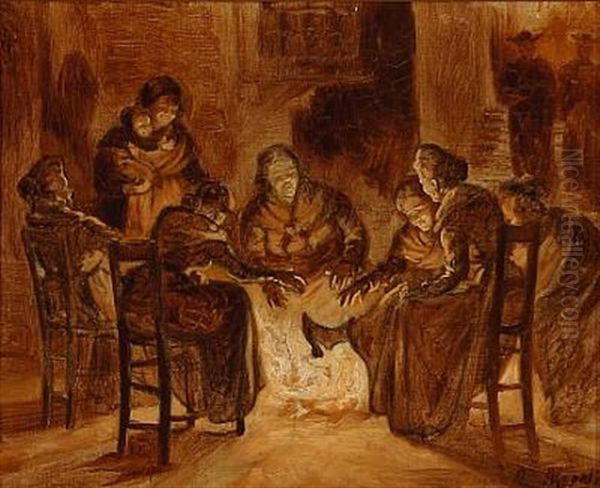 Women Around A Fireplace In Napoli Oil Painting by Cilius (Johannes Konrad) Andersen