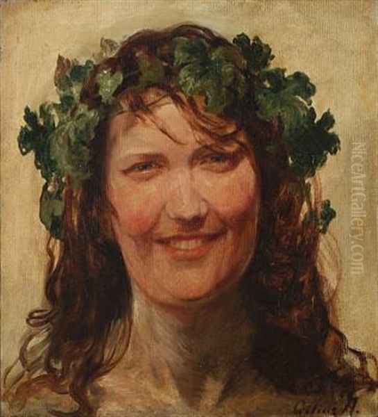 Portrait Of A Young Woman With Wine Leaves Wreath Oil Painting by Cilius (Johannes Konrad) Andersen