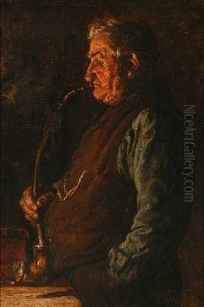 An Older Gentleman Smoking A Pipe Oil Painting by Cilius (Johannes Konrad) Andersen