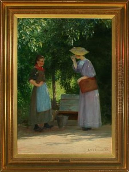 Exterior With Girl And Young Woman In The Shadow Of A Tree Oil Painting by Cilius (Johannes Konrad) Andersen