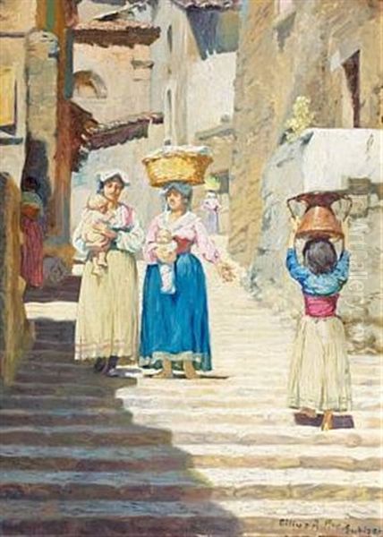 An Italian Town Scenery With Women And Children Oil Painting by Cilius (Johannes Konrad) Andersen