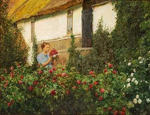 Ung Kvinde I Rosenhaven Holdende En Buket Roser Oil Painting by Cilius (Johannes Konrad) Andersen