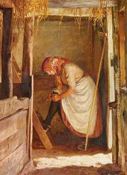 Staldinterior Med Ung Pige Der Retter Pa Sin Strompe Oil Painting by Cilius (Johannes Konrad) Andersen