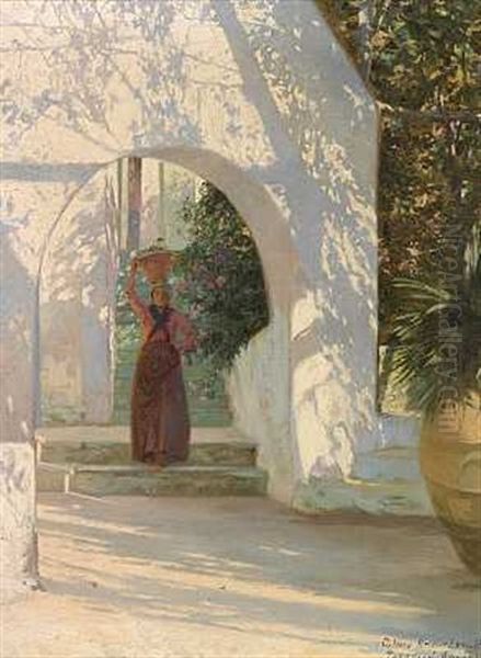 En Italienerinde Baerer En Krukke Pa Hovedet I Anacapri Oil Painting by Cilius (Johannes Konrad) Andersen