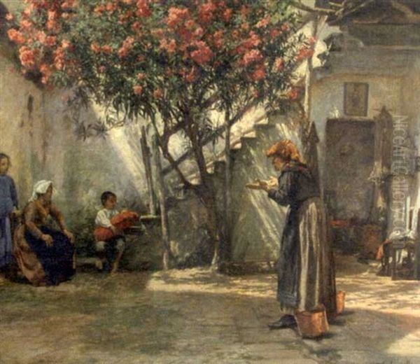 An Old Woman Admonishing A Young Woman And Children In A Courtyard Oil Painting by Cilius (Johannes Konrad) Andersen