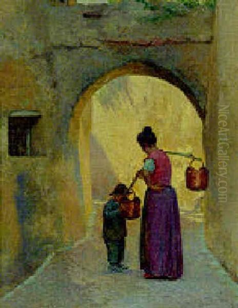 A Mother And Child In A Street, Malesino Oil Painting by Cilius (Johannes Konrad) Andersen