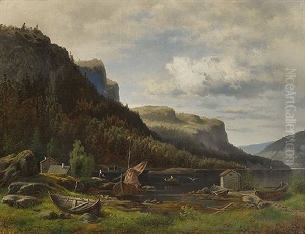 Fjordlandskap Med Folkeliv Oil Painting by Harald Oscar Andersen