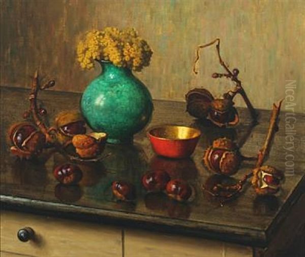 Still Life With Chestnuts And A Bouquet Of Flowers Oil Painting by Wilhelm Andersen