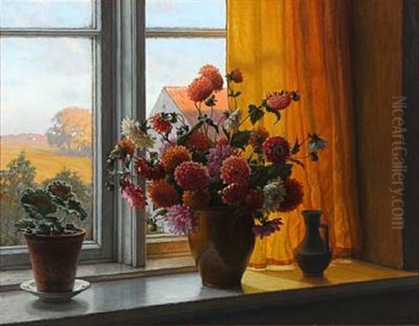 Flowers In A Window Sill Oil Painting by Wilhelm Andersen