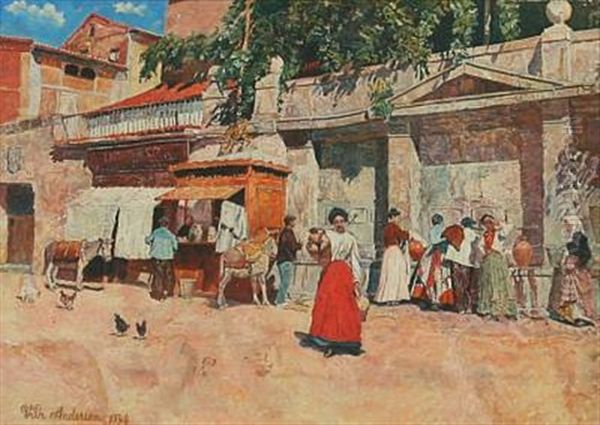 Southern Market Place With Women Fetching Water At A Fountain Oil Painting by Wilhelm Andersen