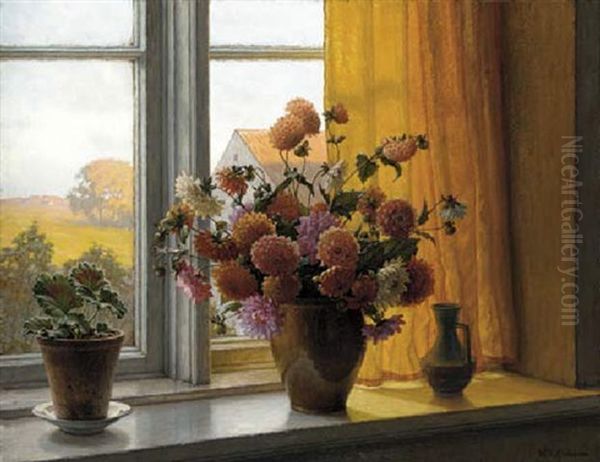 Chrysanthemums In A Vase On A Window-sill Oil Painting by Wilhelm Andersen