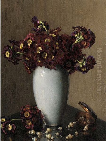 Sweet-williams In A Vase And A Pearl Necklace On A Table Oil Painting by Wilhelm Andersen