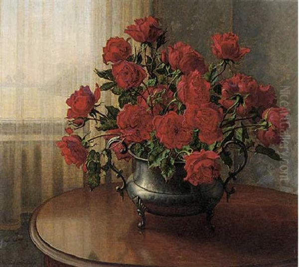 Red Roses On A Table By A Window Oil Painting by Wilhelm Andersen