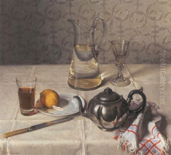 Opstilling Pa Bord Med Kande, Glas Og Citron Oil Painting by Wilhelm Andersen